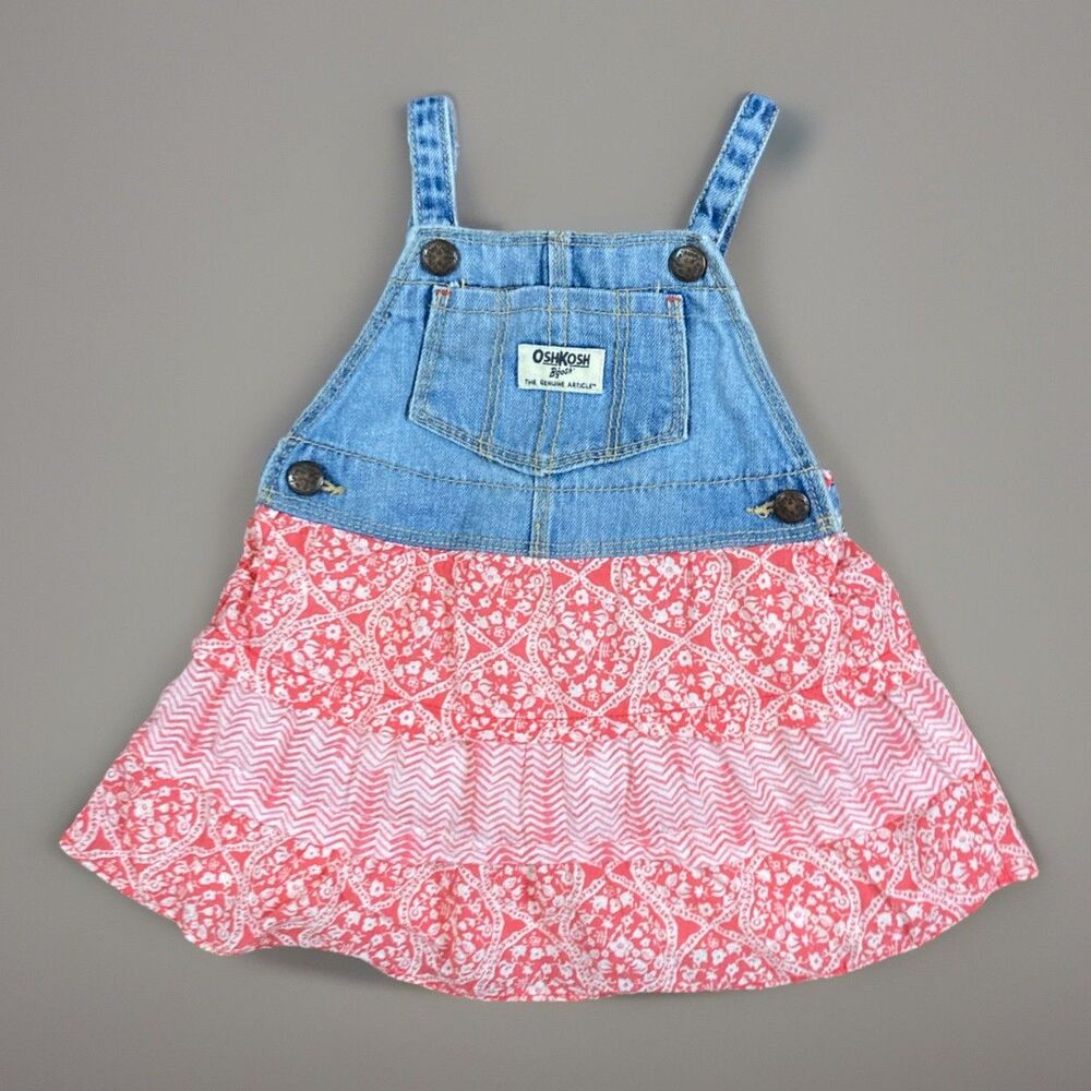Oshkosh B'Gosh  Denim Jumper Overalls Dress Pink White Floral Skirt Pocket 18M